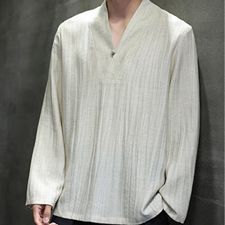 Buddha Stones Plain V-Neck Long Sleeve Men's Linen Shirt - image 15