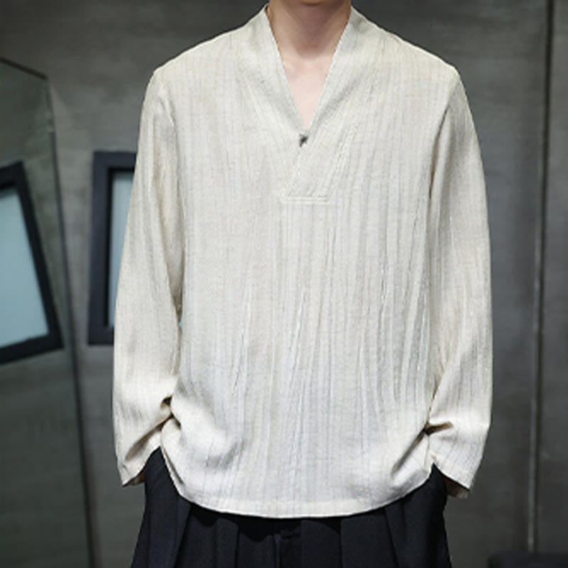 Buddha Stones Plain V-Neck Long Sleeve Men's Linen Shirt - image 12