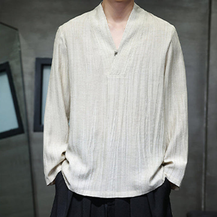 Buddha Stones Plain V-Neck Long Sleeve Men's Linen Shirt - image 12