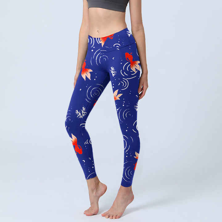 Buddha Stones Goldfish Water Ripples Pattern Print Gym Leggings Women's Yoga Pants - MediumBlue - US18，UK/AU22，EU50 (4XL) - image 0