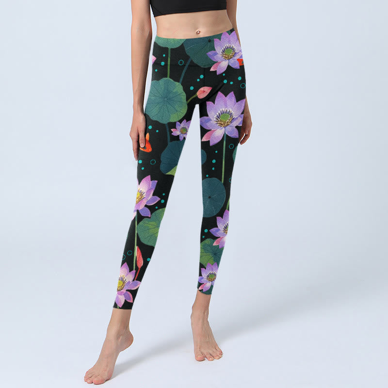 Buddha Stones Blooming Light Purple Lotus Flower Lotus Leaves Koi Fish Pattern Print Gym Leggings Women's Yoga Pants - image 5