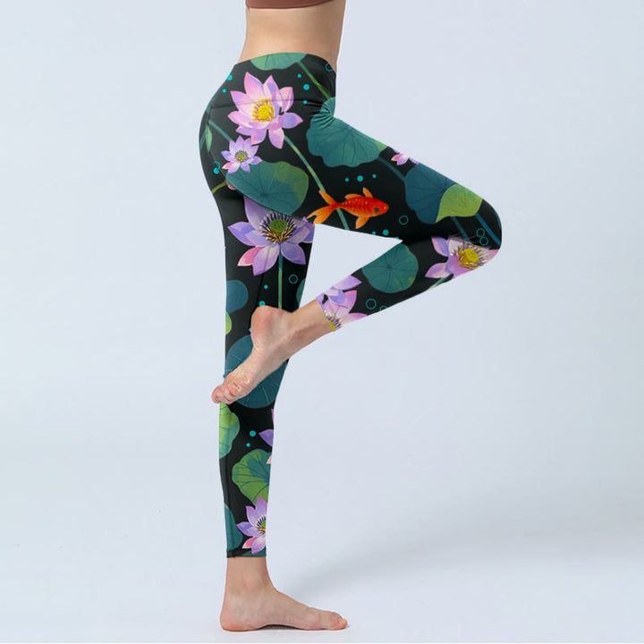 Buddha Stones Blooming Light Purple Lotus Flower Lotus Leaves Koi Fish Pattern Print Gym Leggings Women's Yoga Pants - image 4