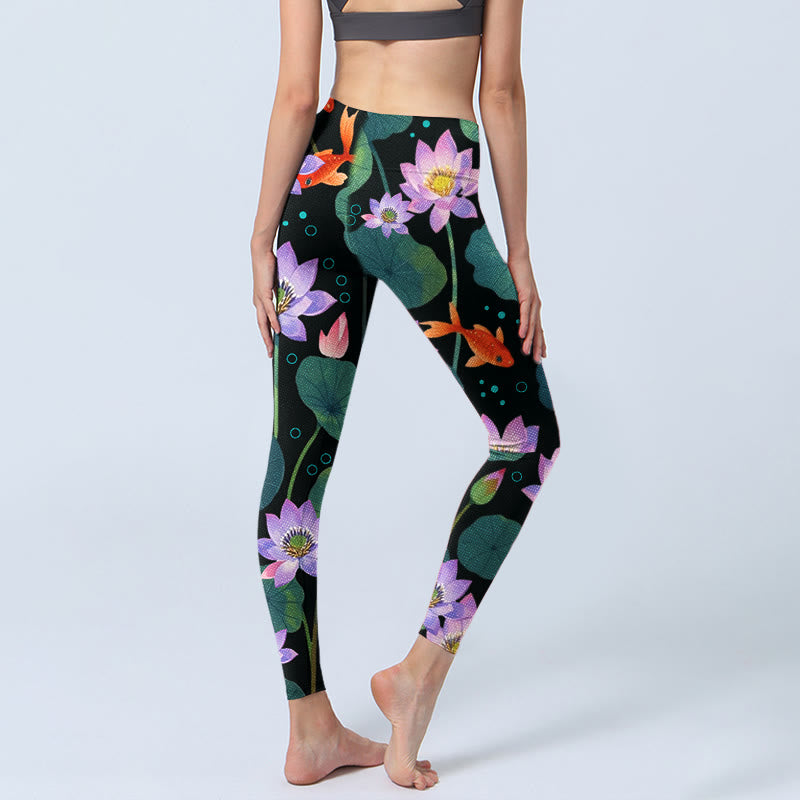 Buddha Stones Blooming Light Purple Lotus Flower Lotus Leaves Koi Fish Pattern Print Gym Leggings Women's Yoga Pants - image 3