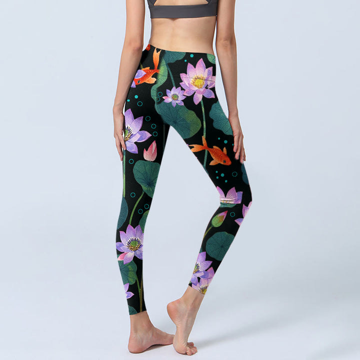 Buddha Stones Blooming Light Purple Lotus Flower Lotus Leaves Koi Fish Pattern Print Gym Leggings Women's Yoga Pants - image 3