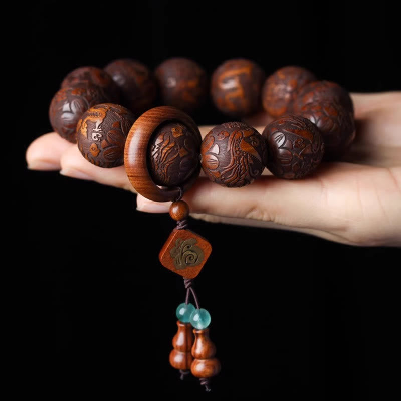 Buddha Stones Natural Carving Dragon And Phoenix Fu Character Gourd Rosewood Beads  Warmth Bracelet - image 3