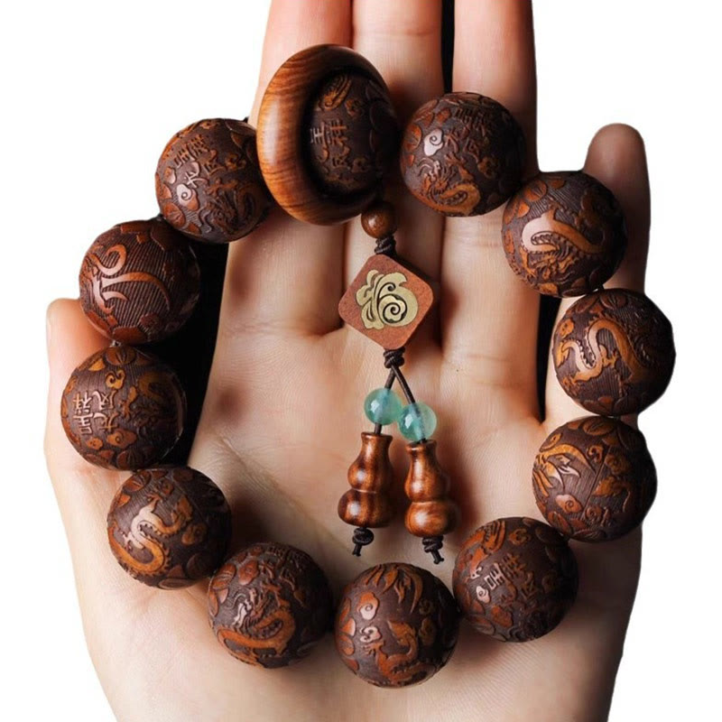 Buddha Stones Natural Carving Dragon And Phoenix Fu Character Gourd Rosewood Beads  Warmth Bracelet - image 9