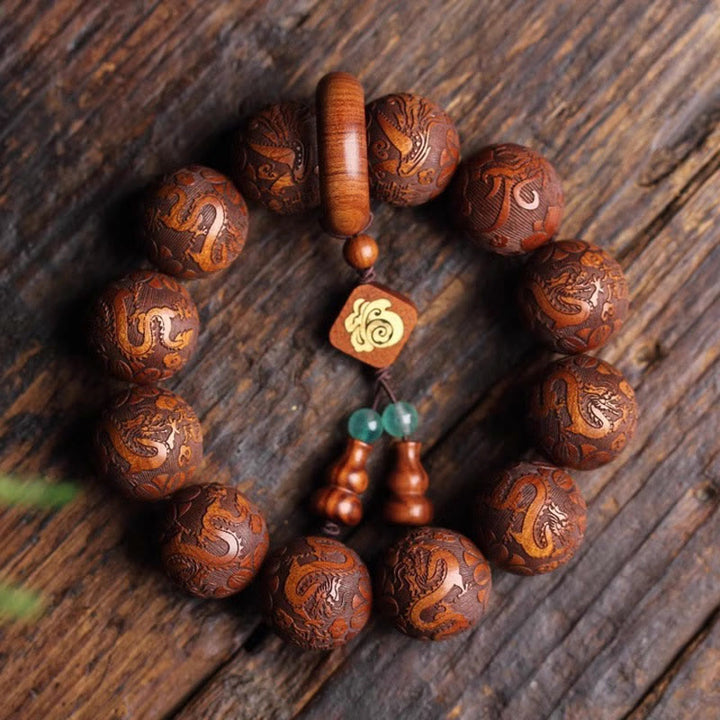 Buddha Stones Natural Carving Dragon And Phoenix Fu Character Gourd Rosewood Beads  Warmth Bracelet - image 1