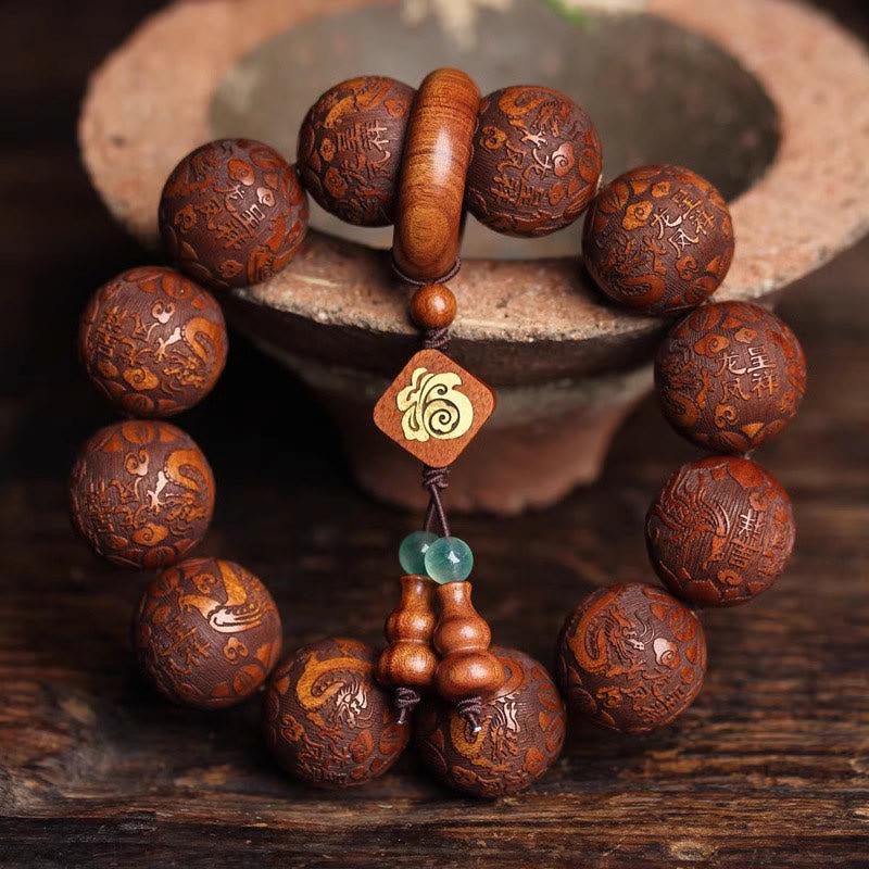 Buddha Stones Natural Carving Dragon And Phoenix Fu Character Gourd Rosewood Beads  Warmth Bracelet - Rosewood(Wrist Circumference: 14-17cm) - image 0