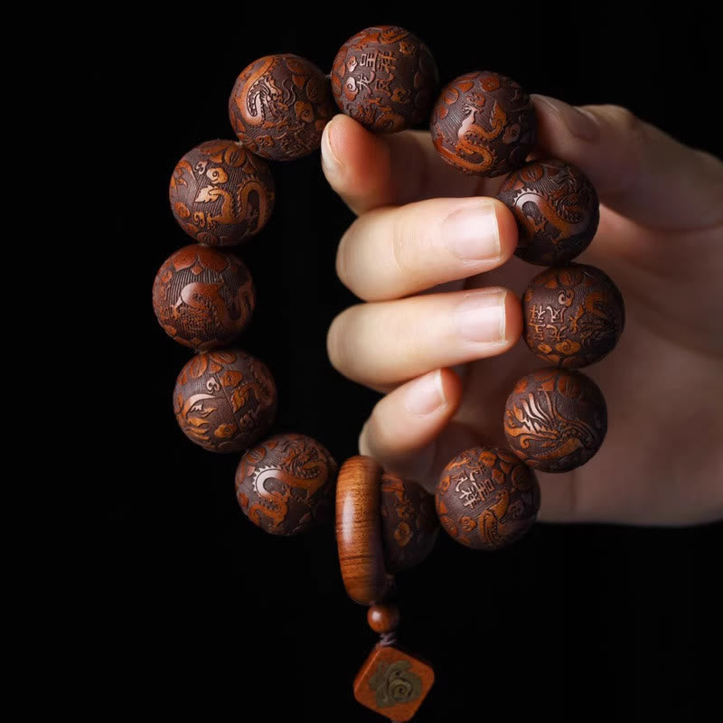 Buddha Stones Natural Carving Dragon And Phoenix Fu Character Gourd Rosewood Beads  Warmth Bracelet - image 4