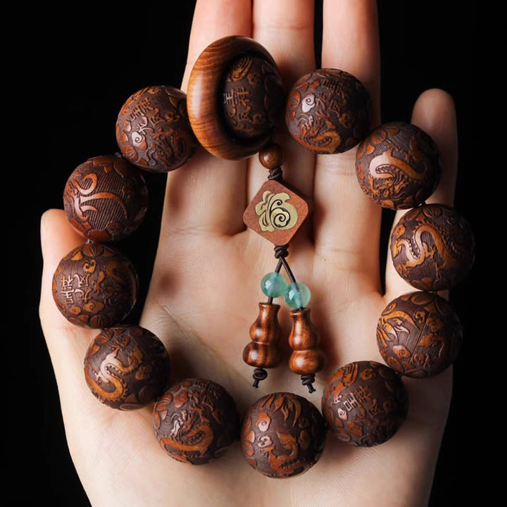 Buddha Stones Natural Carving Dragon And Phoenix Fu Character Gourd Rosewood Beads  Warmth Bracelet - image 2