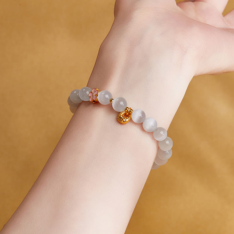Buddha Stones 925 Sterling Silver Natural Peach Blossom White Cat's Eye Positive Bracelet - image 8