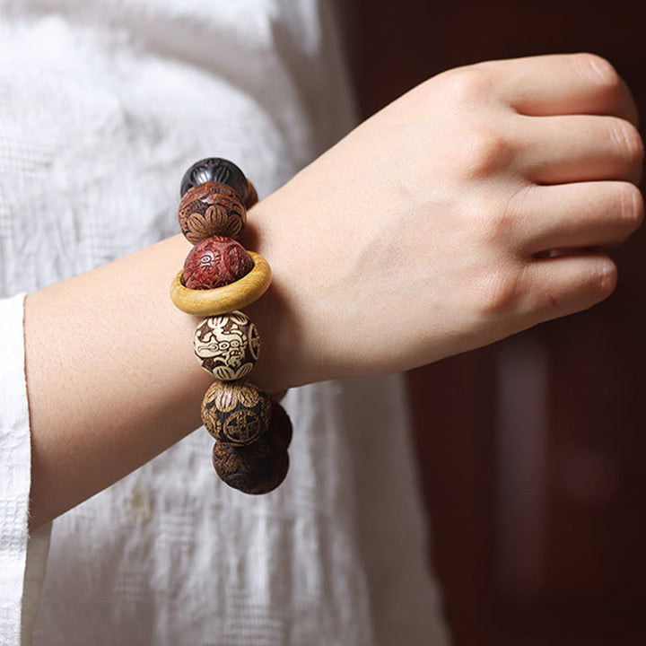 Buddha Stones Carving Sandalwood Chinese Zodiac Auspicious Dragon Phoenix Fu Character Healing Bracelet - image 22