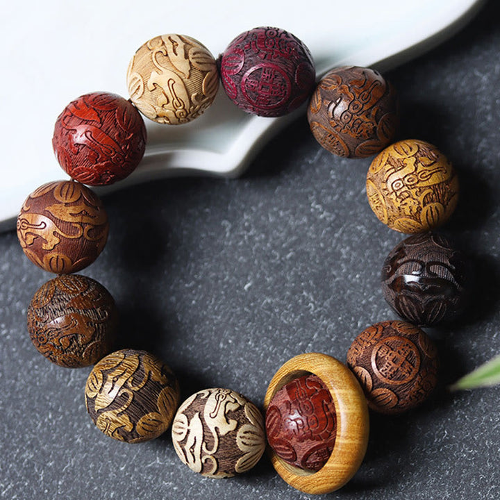 Buddha Stones Carving Sandalwood Chinese Zodiac Auspicious Dragon Phoenix Fu Character Healing Bracelet - image 20