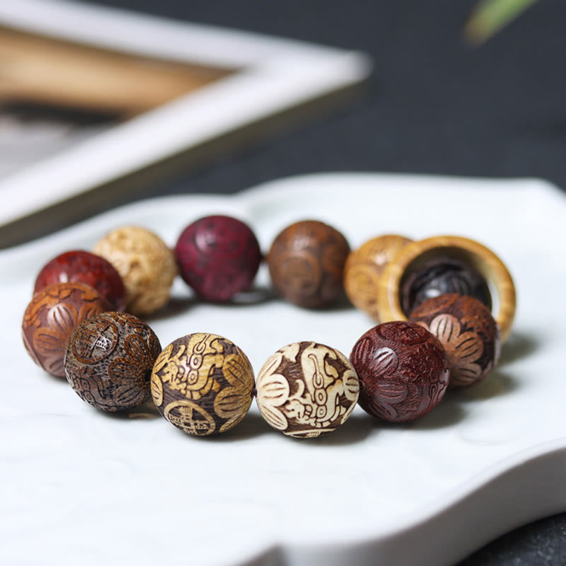 Buddha Stones Carving Sandalwood Chinese Zodiac Auspicious Dragon Phoenix Fu Character Healing Bracelet - image 18