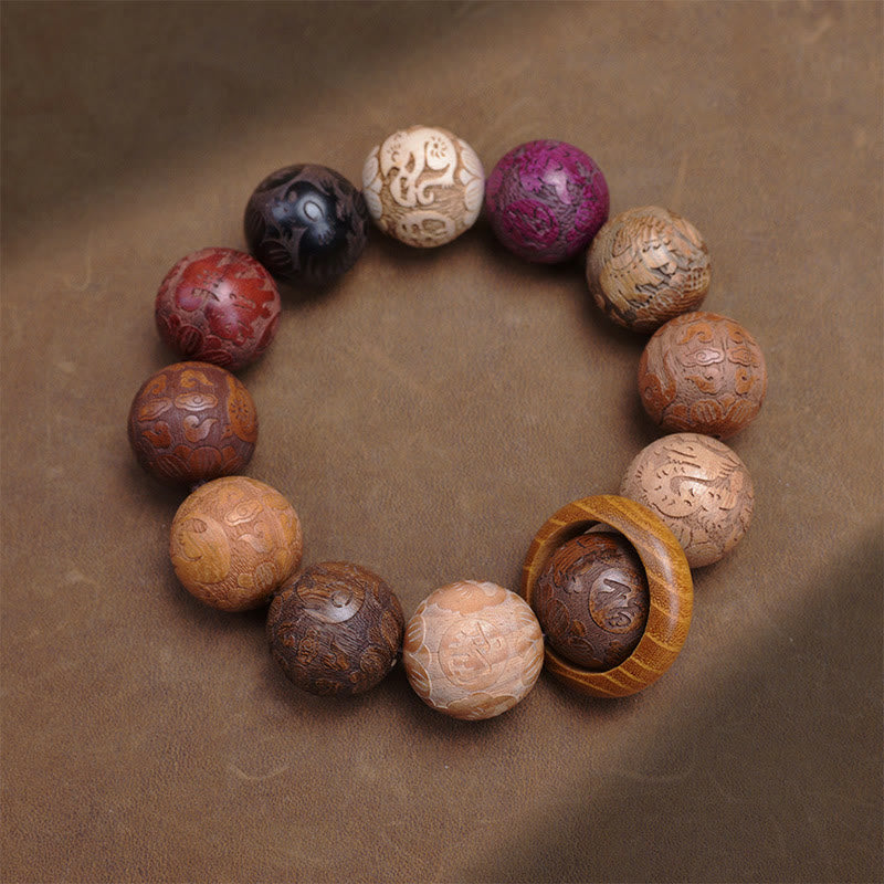 Buddha Stones Carving Sandalwood Chinese Zodiac Auspicious Dragon Phoenix Fu Character Healing Bracelet - Chinese Zodiac With Peace Buckle - image 1