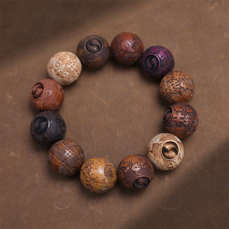 Buddha Stones Carving Sandalwood Chinese Zodiac Auspicious Dragon Phoenix Fu Character Healing Bracelet - OX - image 0