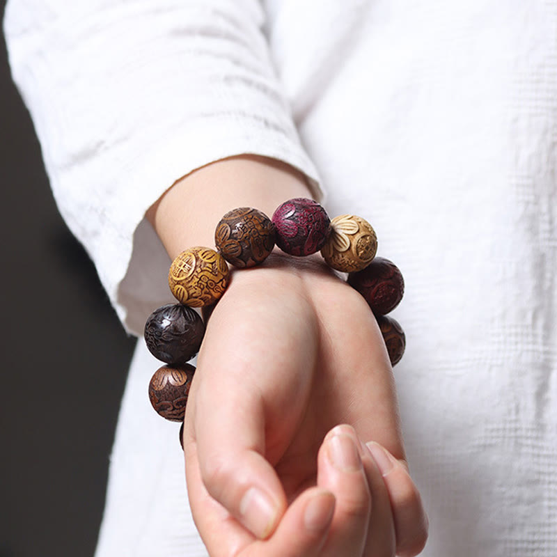 Buddha Stones Carving Sandalwood Chinese Zodiac Auspicious Dragon Phoenix Fu Character Healing Bracelet - image 3