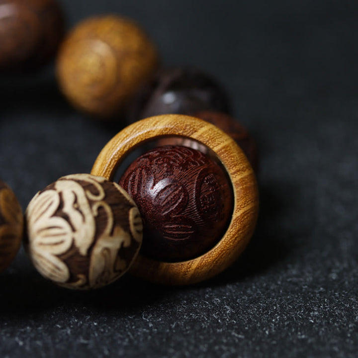 Buddha Stones Carving Sandalwood Chinese Zodiac Auspicious Dragon Phoenix Fu Character Healing Bracelet - image 24