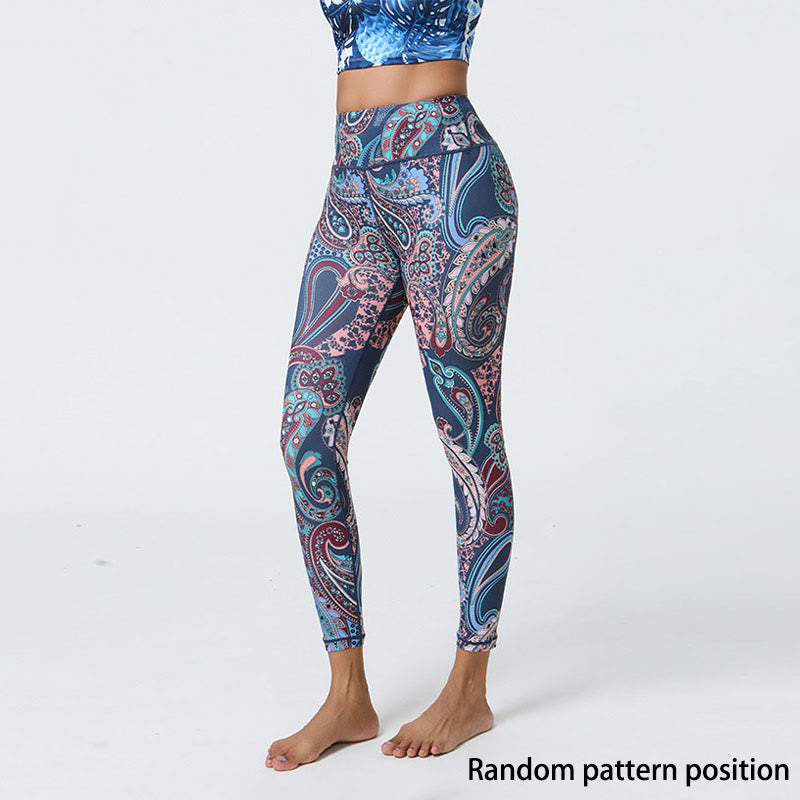 Buddha Stones Flowers Feathers Sun Moon Print Sports Fitness Yoga High Waist Leggings Women's Pants - Dark Blue Feathers  - US12，UK/AU16，EU44 (XL) - image 1