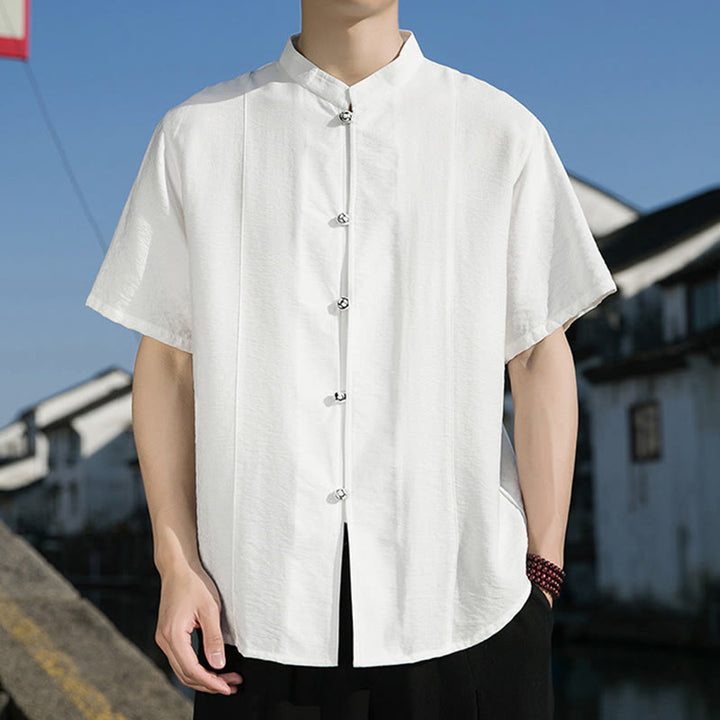 Buddha Stones Summer Solid Color Front Button Design Men's Half Sleeve Cotton Shirt - image 5