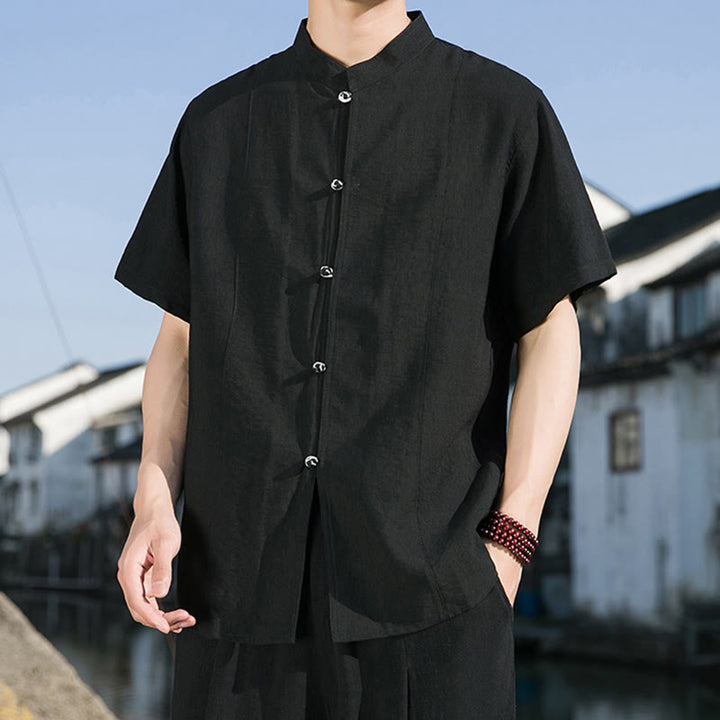 Buddha Stones Summer Solid Color Front Button Design Men's Half Sleeve Cotton Shirt - image 13