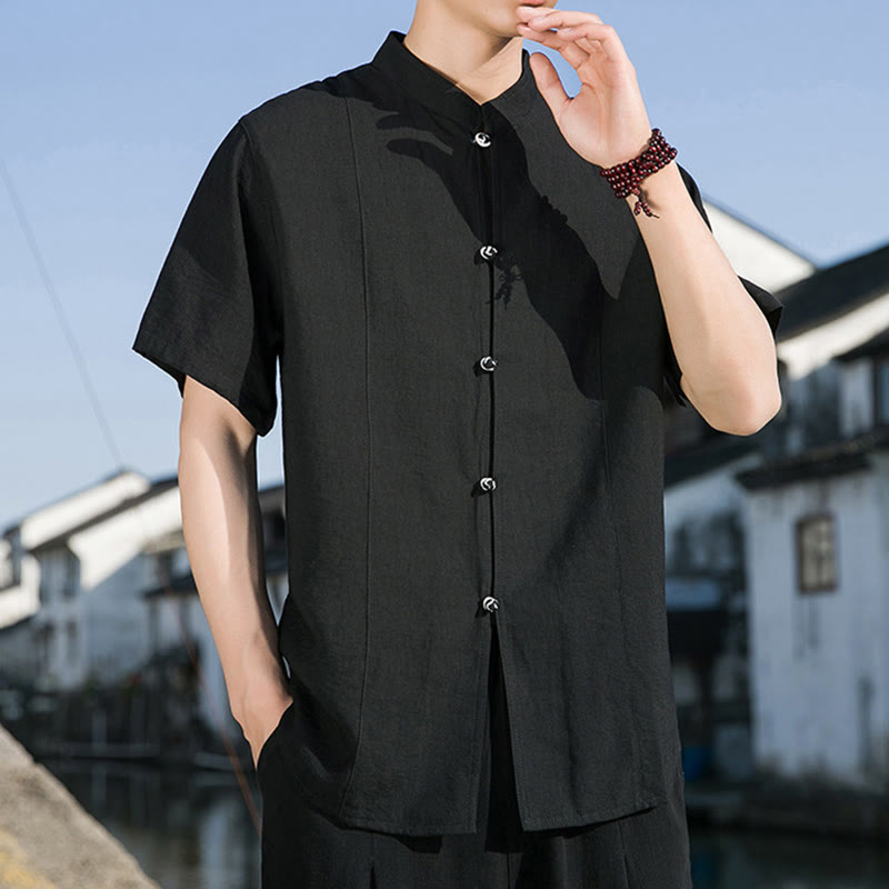 Buddha Stones Summer Solid Color Front Button Design Men's Half Sleeve Cotton Shirt - image 16