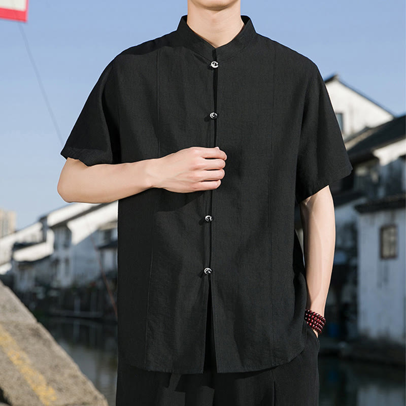 Buddha Stones Summer Solid Color Front Button Design Men's Half Sleeve Cotton Shirt - image 18