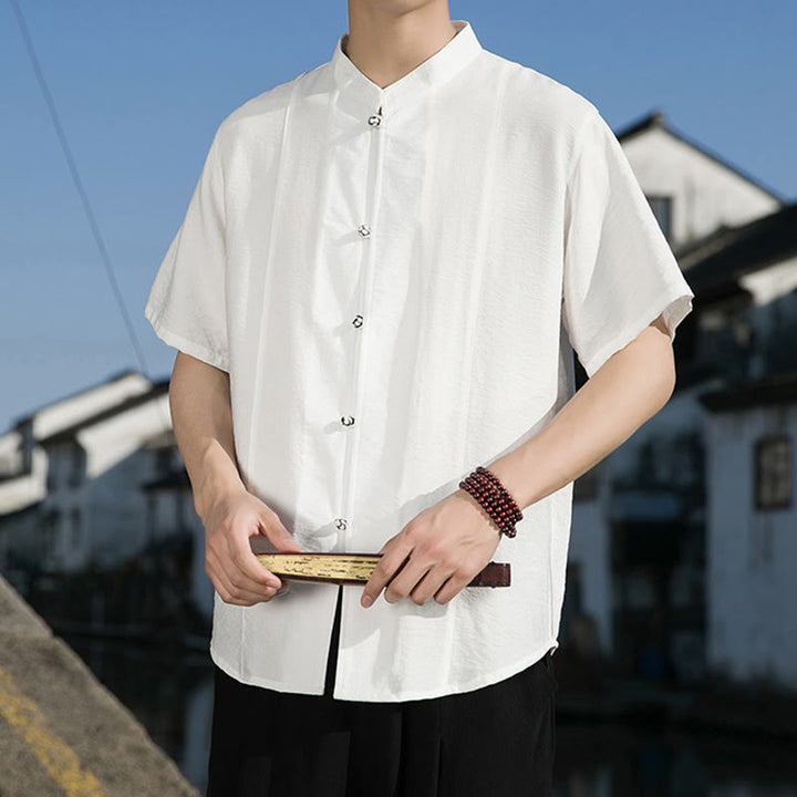Buddha Stones Summer Solid Color Front Button Design Men's Half Sleeve Cotton Shirt - image 1
