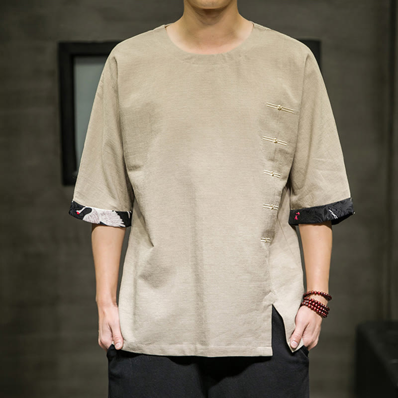 Buddha Stones Summer Retro Solid Color Patchwork Design Men's Three Quarter Sleeve Cotton Linen T-Shirt - PaleGoldenrod - US/UK/AU46，EU56 (5XL) - image 7