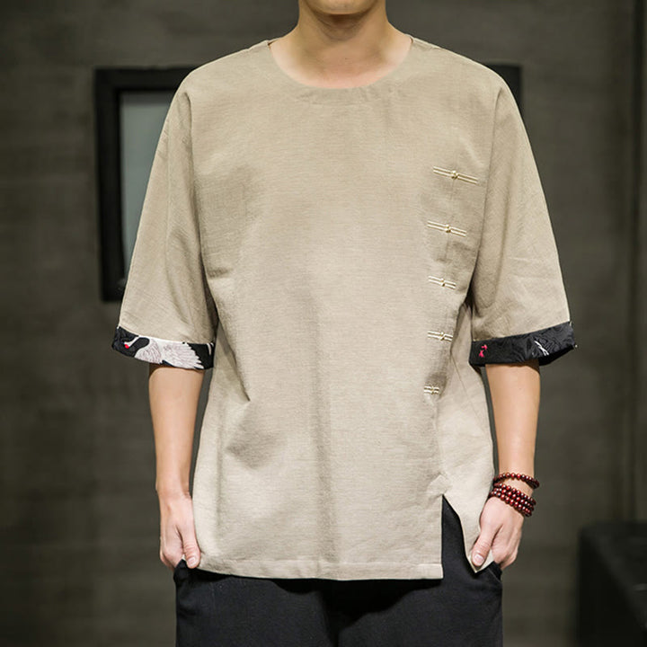 Buddha Stones Summer Retro Solid Color Patchwork Design Men's Three Quarter Sleeve Cotton Linen T-Shirt - PaleGoldenrod - US/UK/AU46，EU56 (5XL) - image 7