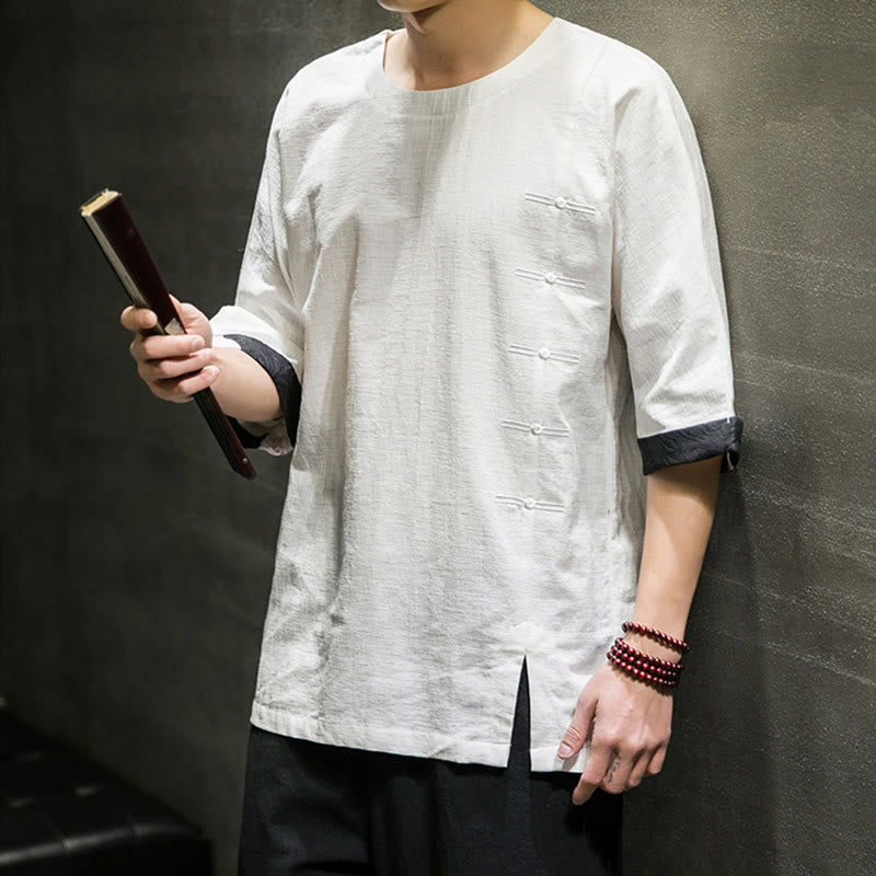 Buddha Stones Summer Retro Solid Color Patchwork Design Men's Three Quarter Sleeve Cotton Linen T-Shirt - image 26