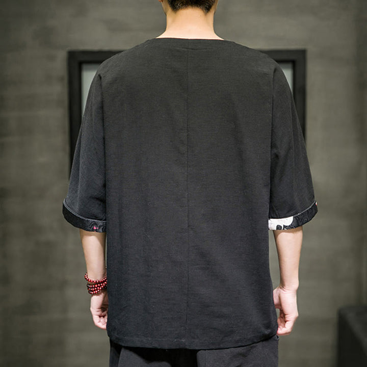 Buddha Stones Summer Retro Solid Color Patchwork Design Men's Three Quarter Sleeve Cotton Linen T-Shirt - image 3