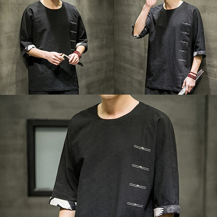 Buddha Stones Summer Retro Solid Color Patchwork Design Men's Three Quarter Sleeve Cotton Linen T-Shirt - image 6