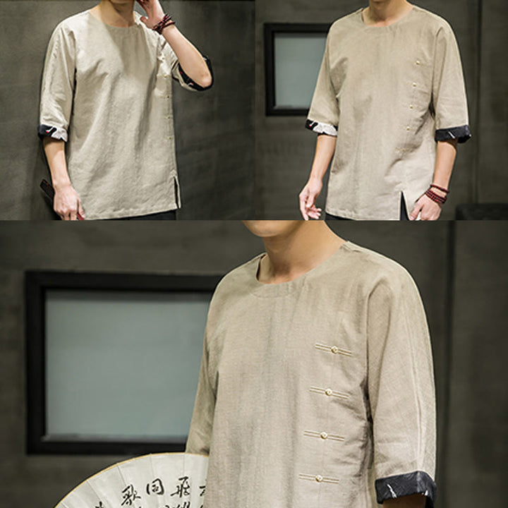 Buddha Stones Summer Retro Solid Color Patchwork Design Men's Three Quarter Sleeve Cotton Linen T-Shirt - image 13