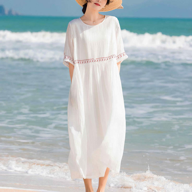 Buddha Stones Solid Color Embroidery Short Sleeve Cotton Midi Dress With Pockets - image 2