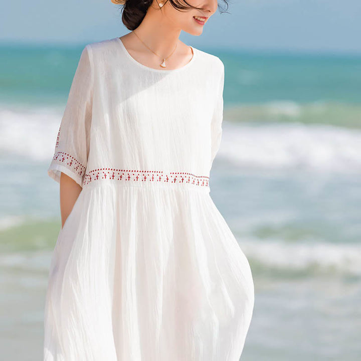 Buddha Stones Solid Color Embroidery Short Sleeve Cotton Midi Dress With Pockets - image 14