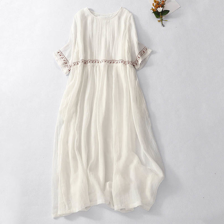Buddha Stones Solid Color Embroidery Short Sleeve Cotton Midi Dress With Pockets - White - US12，UK/AU16，EU44 (2XL) - image 4