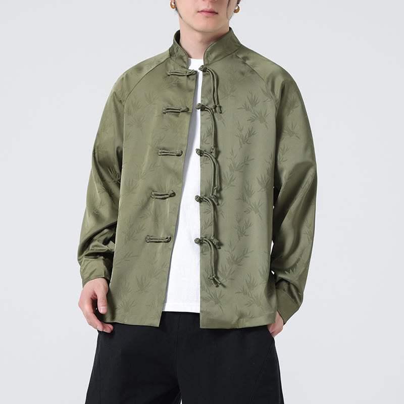 Buddha Stones Spring Jacquard Bamboo Leaves Pattern Chinese Frog-Button Design Men's Long Sleeve Shirt - image 6