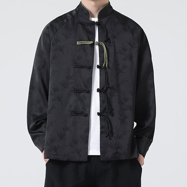 Buddha Stones Spring Jacquard Bamboo Leaves Pattern Chinese Frog-Button Design Men's Long Sleeve Shirt - image 25