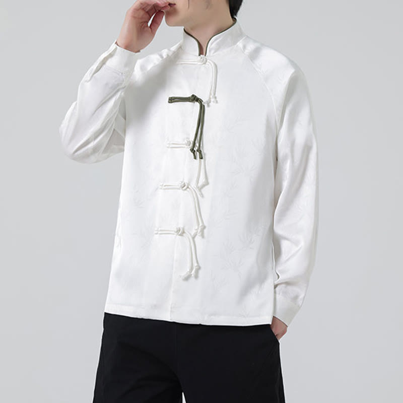 Buddha Stones Spring Jacquard Bamboo Leaves Pattern Chinese Frog-Button Design Men's Long Sleeve Shirt - image 15