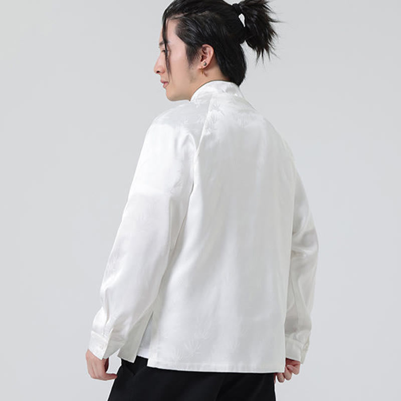 Buddha Stones Spring Jacquard Bamboo Leaves Pattern Chinese Frog-Button Design Men's Long Sleeve Shirt - image 14