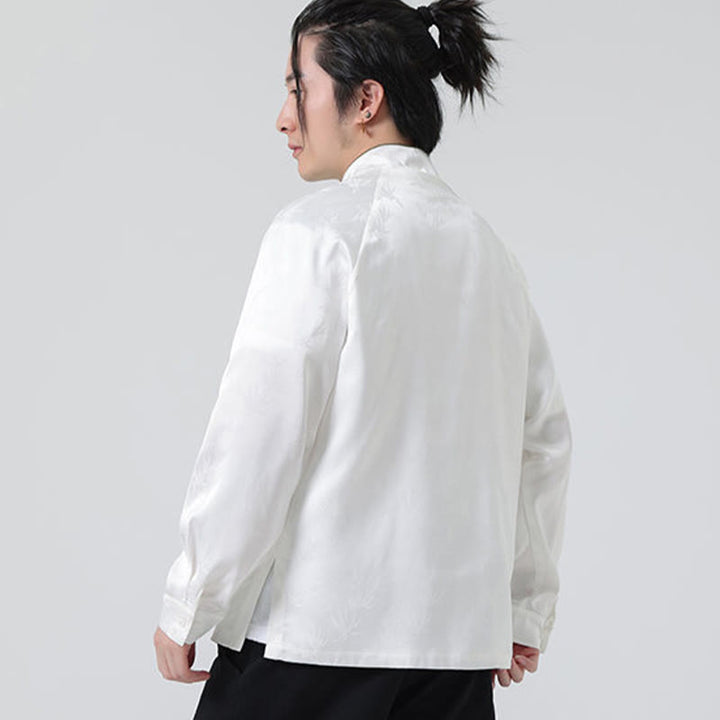 Buddha Stones Spring Jacquard Bamboo Leaves Pattern Chinese Frog-Button Design Men's Long Sleeve Shirt - image 14