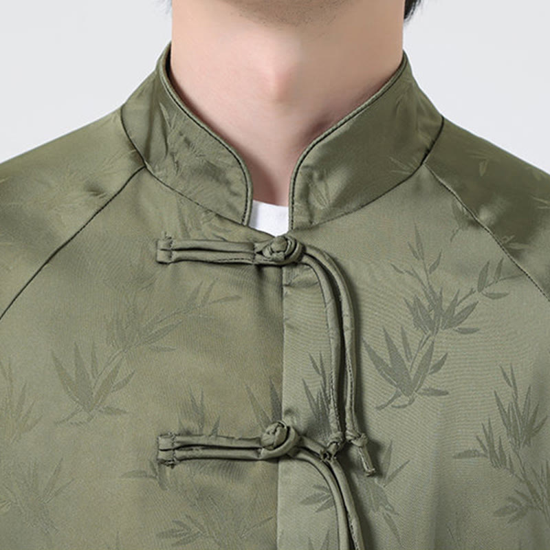 Buddha Stones Spring Jacquard Bamboo Leaves Pattern Chinese Frog-Button Design Men's Long Sleeve Shirt - image 8