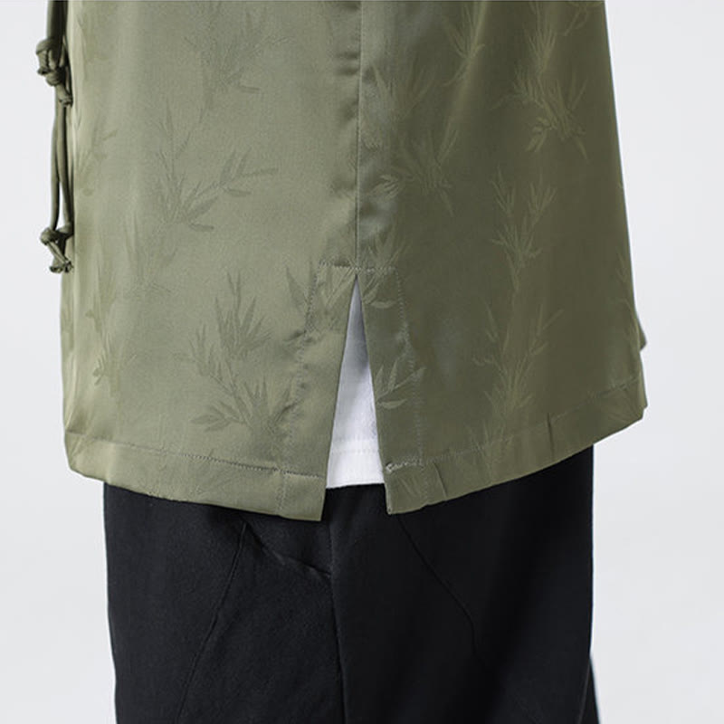 Buddha Stones Spring Jacquard Bamboo Leaves Pattern Chinese Frog-Button Design Men's Long Sleeve Shirt - image 10