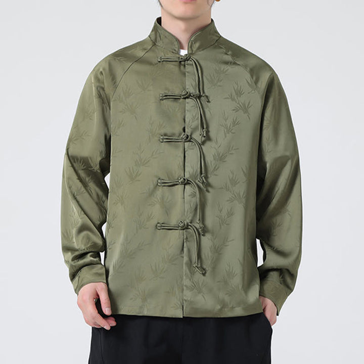 Buddha Stones Spring Jacquard Bamboo Leaves Pattern Chinese Frog-Button Design Men's Long Sleeve Shirt - image 2