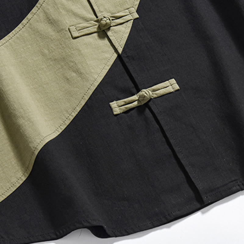 Buddha Stones Spring Color Contrast Chinese Frog-Button Design Men's Half Sleeve Cotton Linen Shirt - image 8