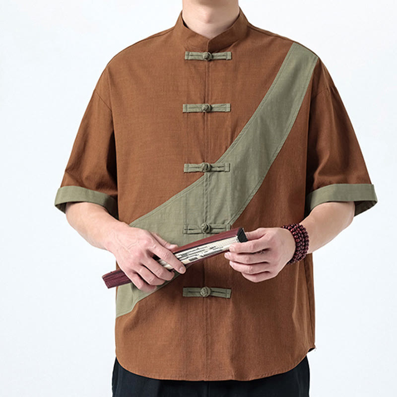 Buddha Stones Spring Color Contrast Chinese Frog-Button Design Men's Half Sleeve Cotton Linen Shirt - image 25