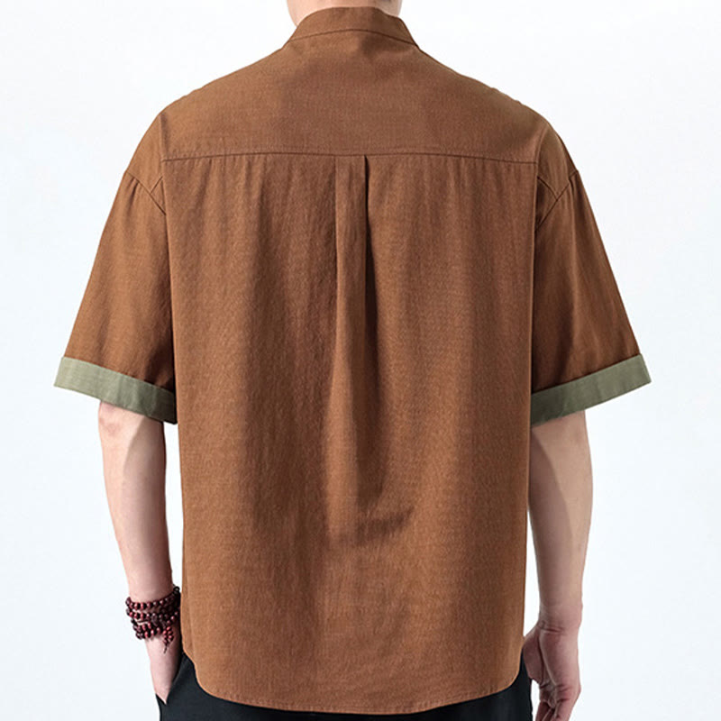 Buddha Stones Spring Color Contrast Chinese Frog-Button Design Men's Half Sleeve Cotton Linen Shirt - image 24