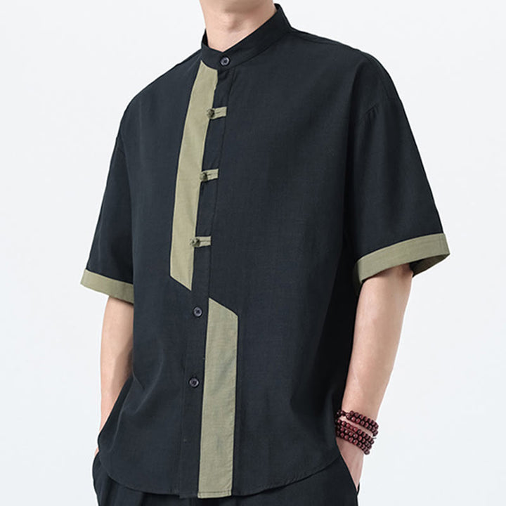 Buddha Stones Casual Color Matching Chinese Frog-Button Design Tang Suit Men's Half Sleeve Cotton Linen Shirt - image 21