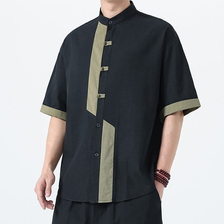Buddha Stones Casual Color Matching Chinese Frog-Button Design Tang Suit Men's Half Sleeve Cotton Linen Shirt - image 20